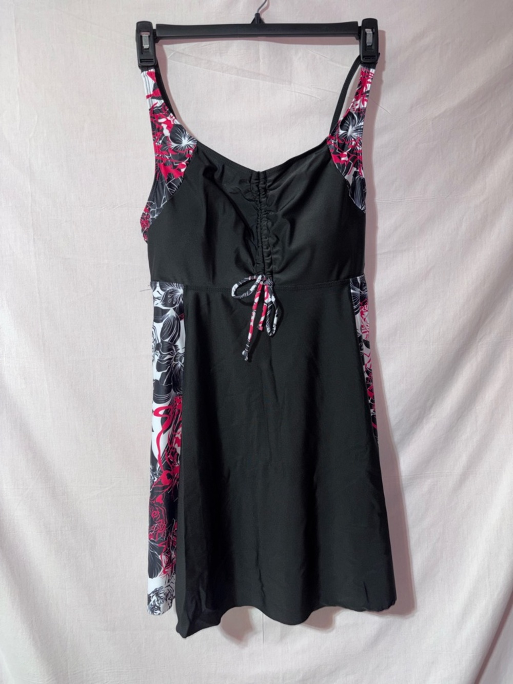 SHEIN Black Swimdress with Pink & White Floral Panels